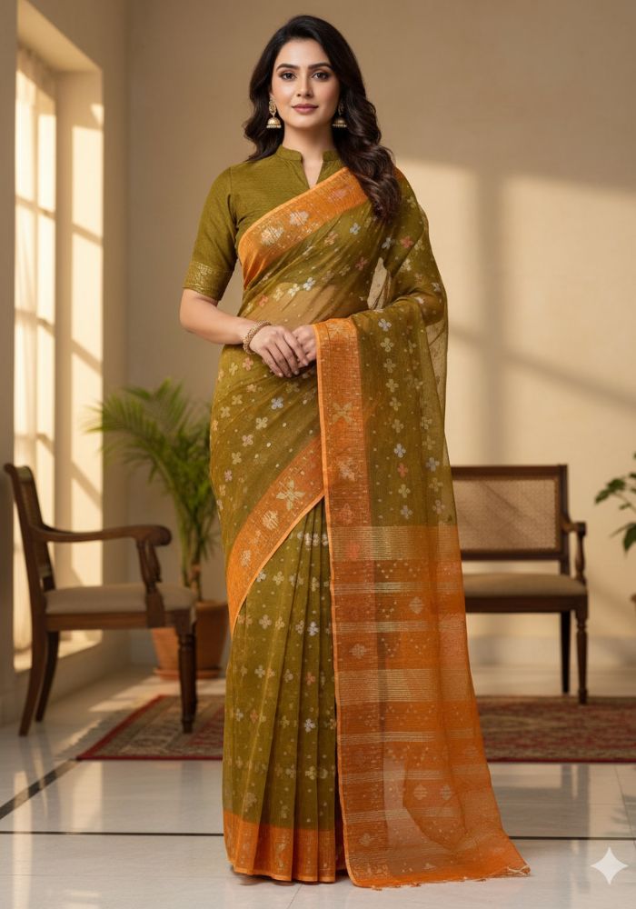 Original Dhakai Jamdani Saree Pure Cotton With Blouse Piece Brown Color DH27
