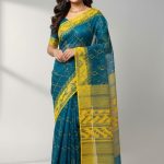 Original Dhakai Jamdani Saree Pure Cotton With Blouse Piece Ocean Blue Color DH28