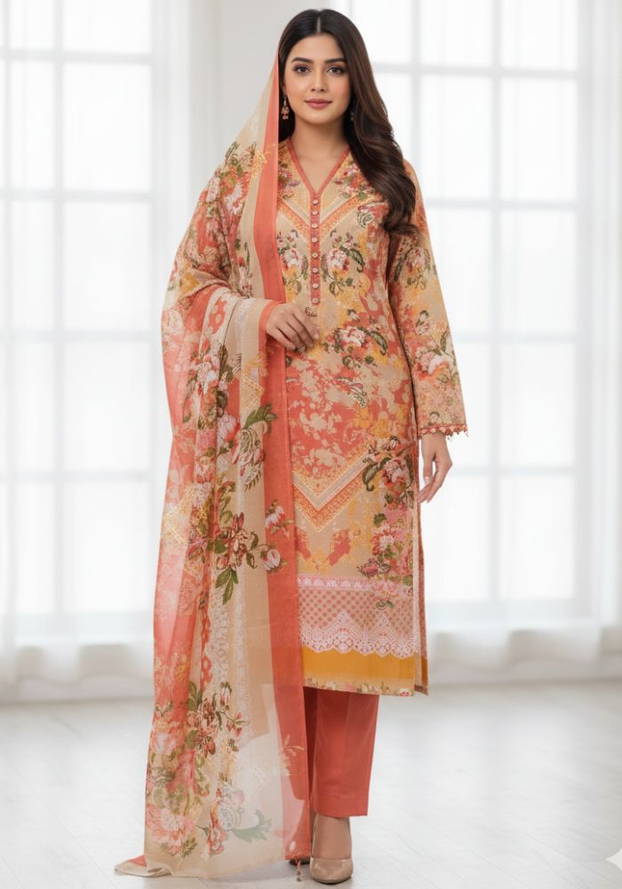 Premium Quality Pure Swis Cotton Printed Three Pieces RBL 56