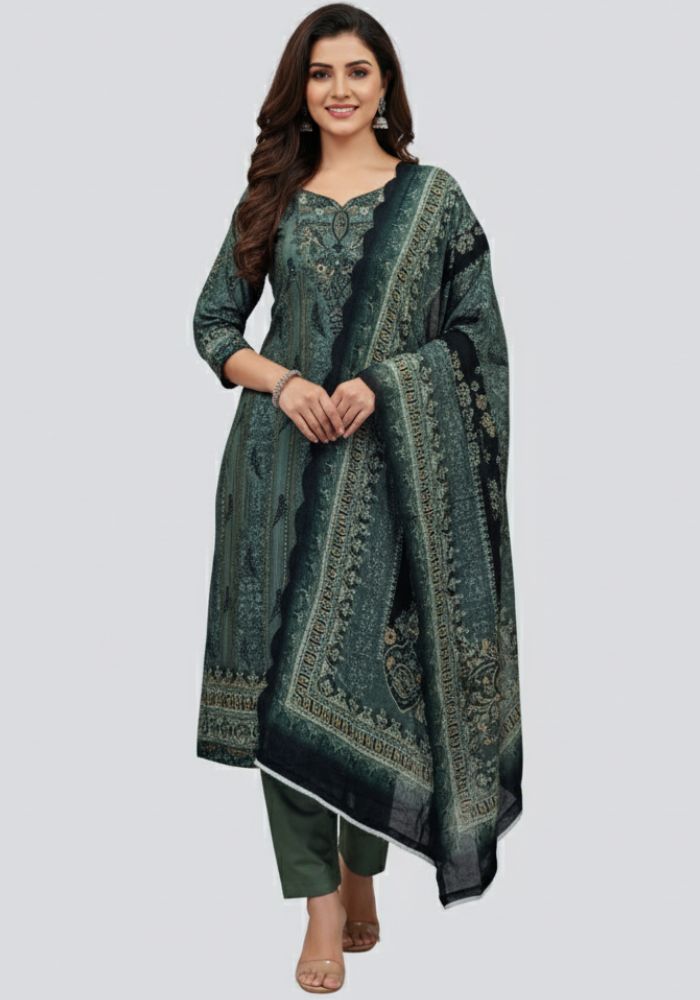 Soft Cotton Linen Fabric Three Pieces Green Color Bin Saeed Design 1106