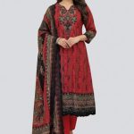 Soft Cotton Linen Fabric Three Pieces Maroon Color Bin Saeed Design 1106