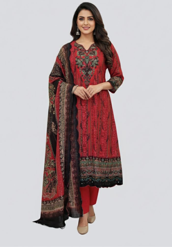 Soft Cotton Linen Fabric Three Pieces Maroon Color Bin Saeed Design 1106