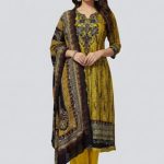 Soft Cotton Linen Fabric Three Pieces Yellow Color Bin Saeed Design 1106
