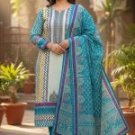 Unstitch Premium Cotton Ganga Mirror Work Three-Piece Blue Color