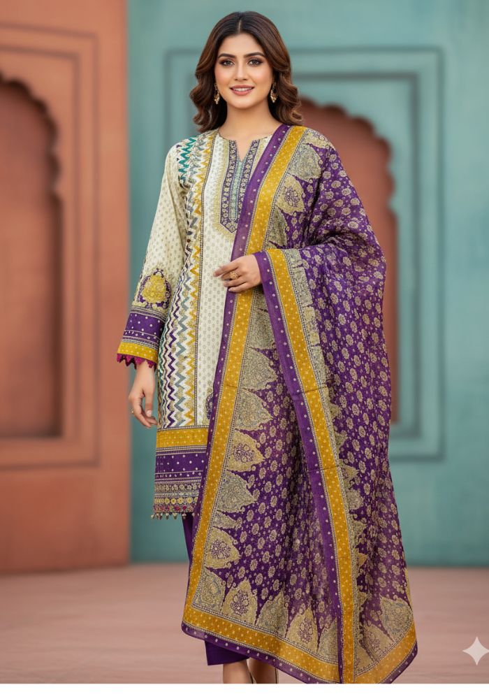 Unstitch Premium Cotton Ganga Mirror Work Three-Piece Purple Color