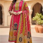 Unstitch Premium Cotton Lahori Mirror Work Three-Piece Red Color