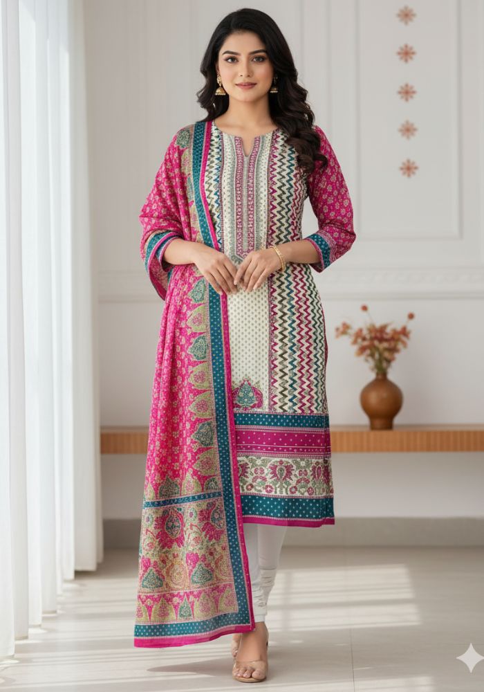 Unstitch Premium Cotton Ganga Mirror Work Three-Piece Red Color