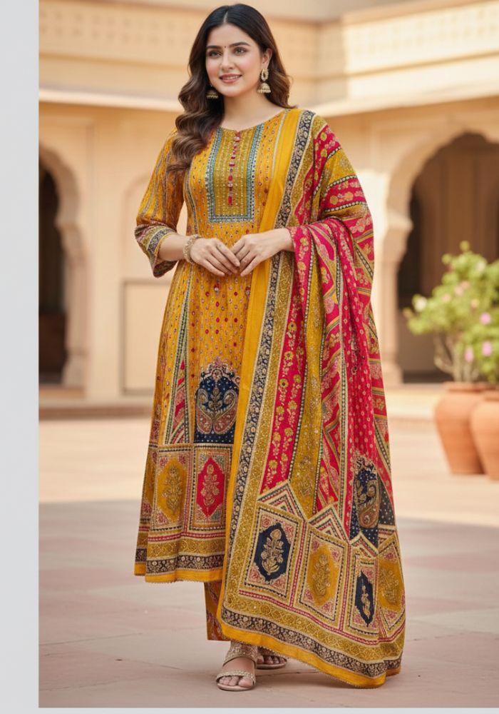 Unstitch Premium Cotton Lahori Mirror Work Three-Piece Yellow Color