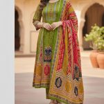 Unstitch Premium Cotton Lahori Mirror Work Three-Piece Green Color