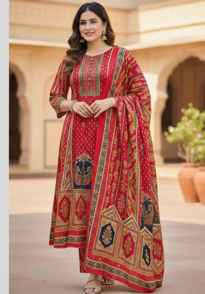 Unstitch Premium Cotton Lahori Mirror Work Three-Piece Maroon Color