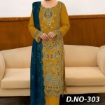 NOORS DESIGN DIGITAL PRINT EMBROIDERED CHINON SALWAR SUIT DHF D NO303 YELLOW COLOR