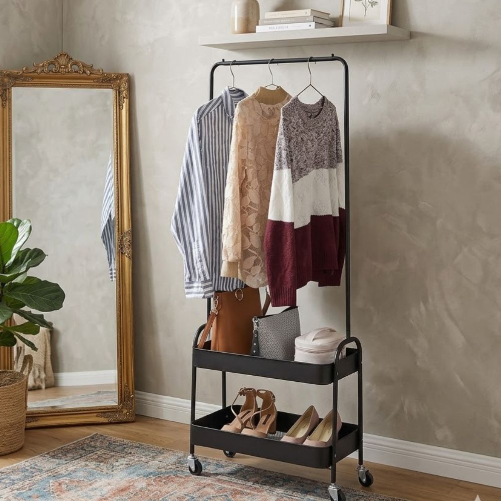 2-Layer Storage Basket & Standing Clothes Organizer Rack – Space-Saving & Stylish