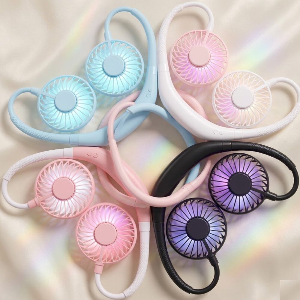 Rechargeable Neck Fan With Colorful LED Light For Kitchen or Sports With 2000 mah Battery - Image 2