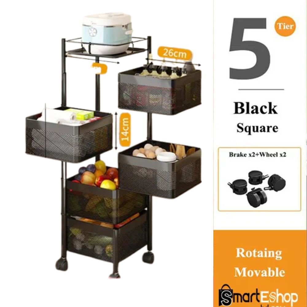 5 Tier Rotating Square Carbon Steel Fruit and Vegetable Storage Basket - Image 2