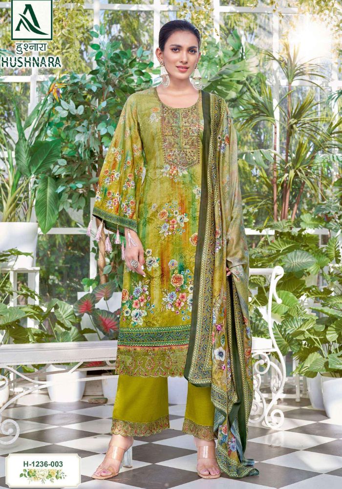 Alok Hushnara Cotton Unstitched Three Piecec Oliv Color