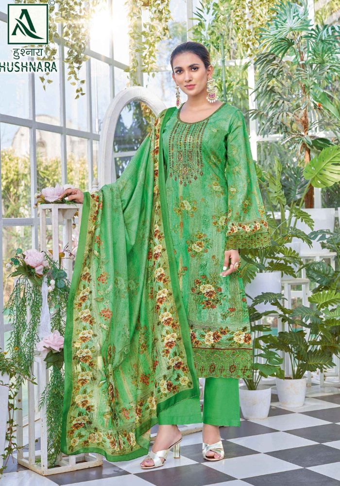 Alok Hushnara Cotton Unstitched Three Piecec Green Color