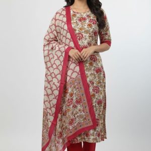 Bonoful Joypury Cotton Printed Three Piece Red Color D No 1125