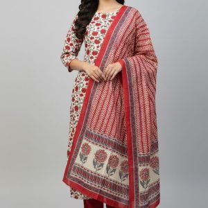Bonoful Joypury Cotton Printed Three Piece Red Color
