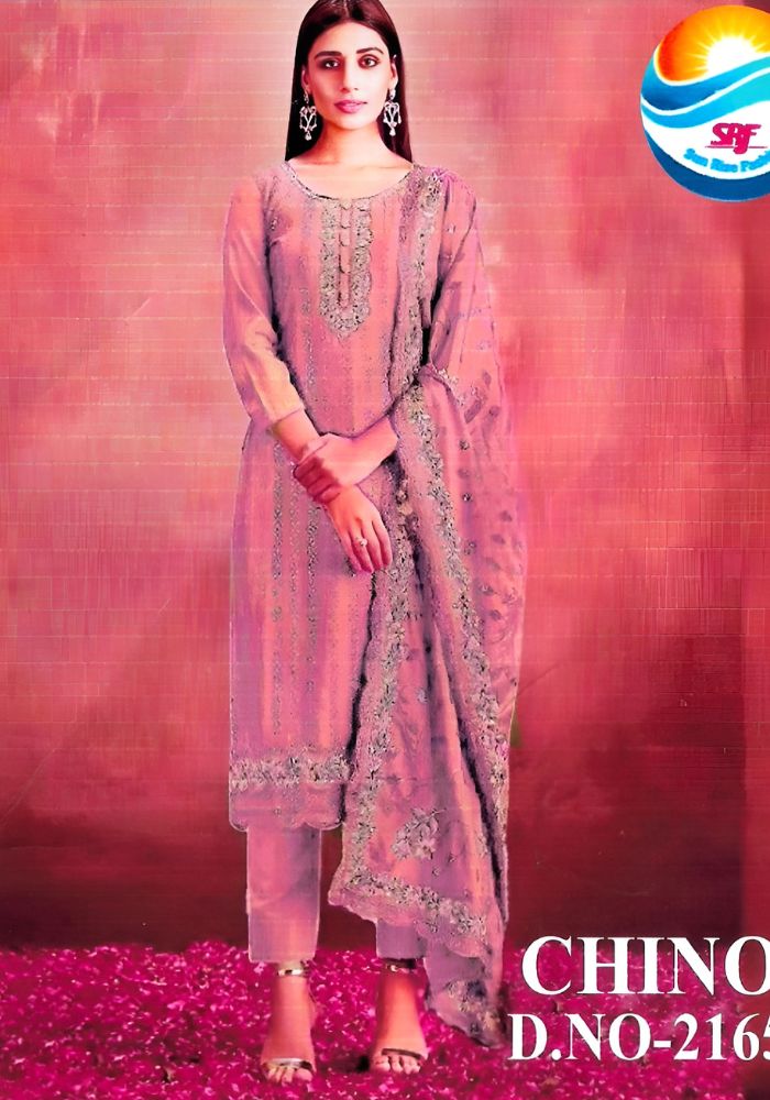 Heavy Embroidery Chinon Fabric Semi Stiched Onion Color Party Dress D 2165 H - Image 2