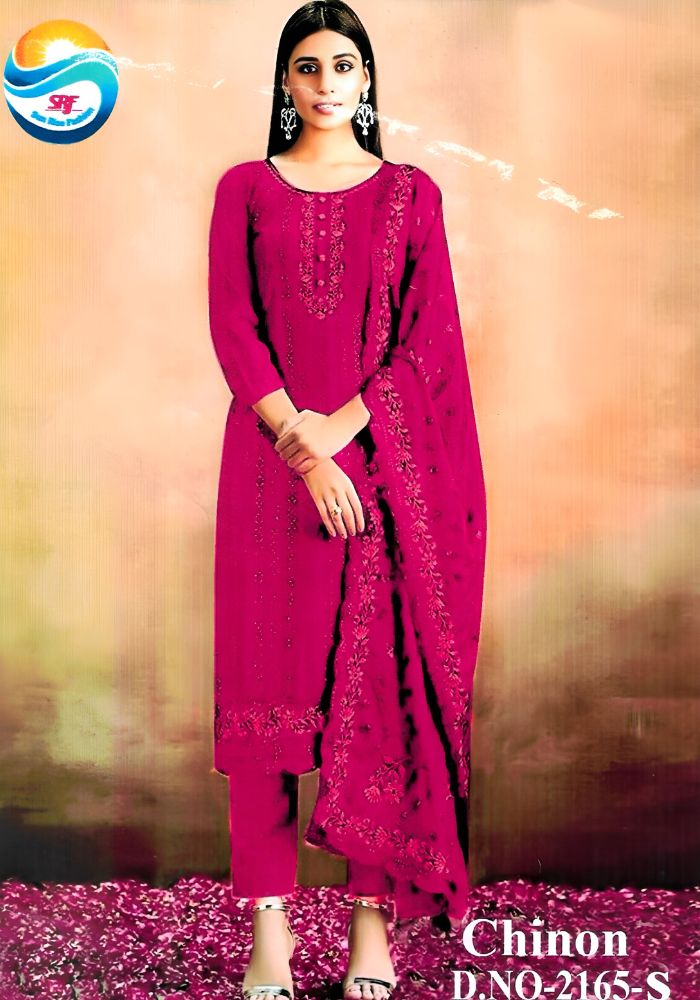 Heavy Embroidery Chinon Fabric Semi Stiched Peach Color Party Dress D 2165 S - Image 2