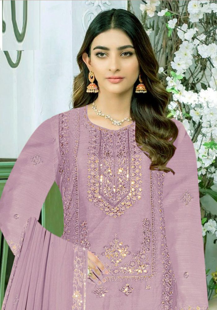 Embroidered Georgette Three-Piece Ladies Salwar Kameez Ash Color - Image 2