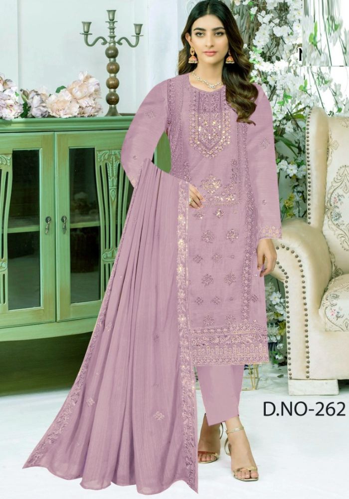 Embroidered Georgette Three-Piece Ladies Salwar Kameez Ash Color