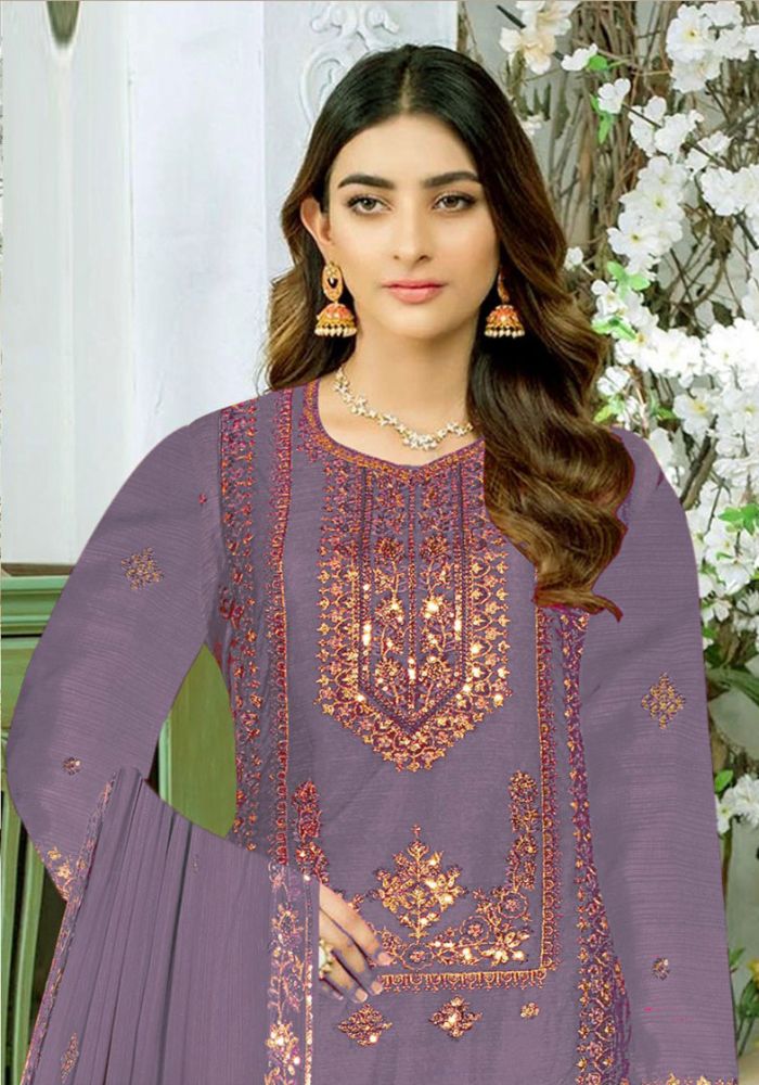 Embroidered Georgette Three-Piece Ladies Salwar Kameez Deep Ash Color - Image 2