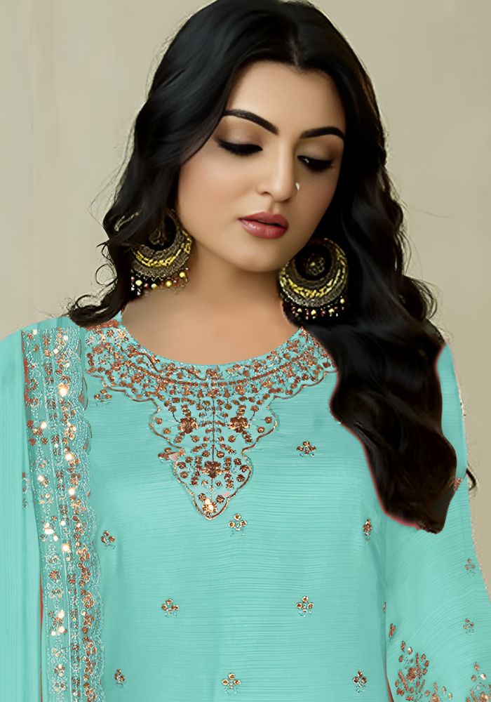 Round Neck with Heavy Embroidery Blue Color Salwar Kameez - Image 2
