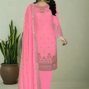 Round Neck with Heavy Embroidery Pink Color Salwar Kameez