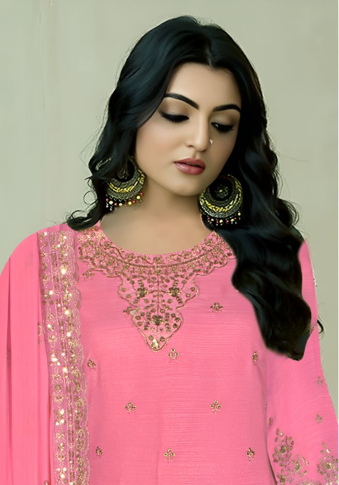 Round Neck with Heavy Embroidery Pink Color Salwar Kameez - Image 2