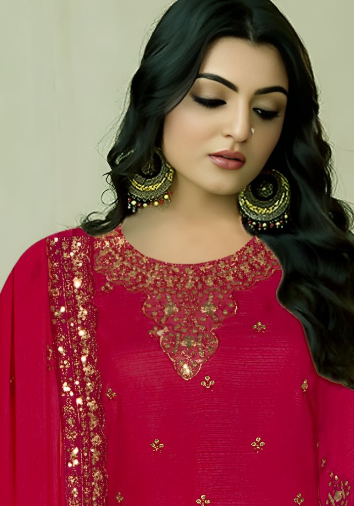 Round Neck with Heavy Embroidery Maroon Color Salwar Kameez - Image 2