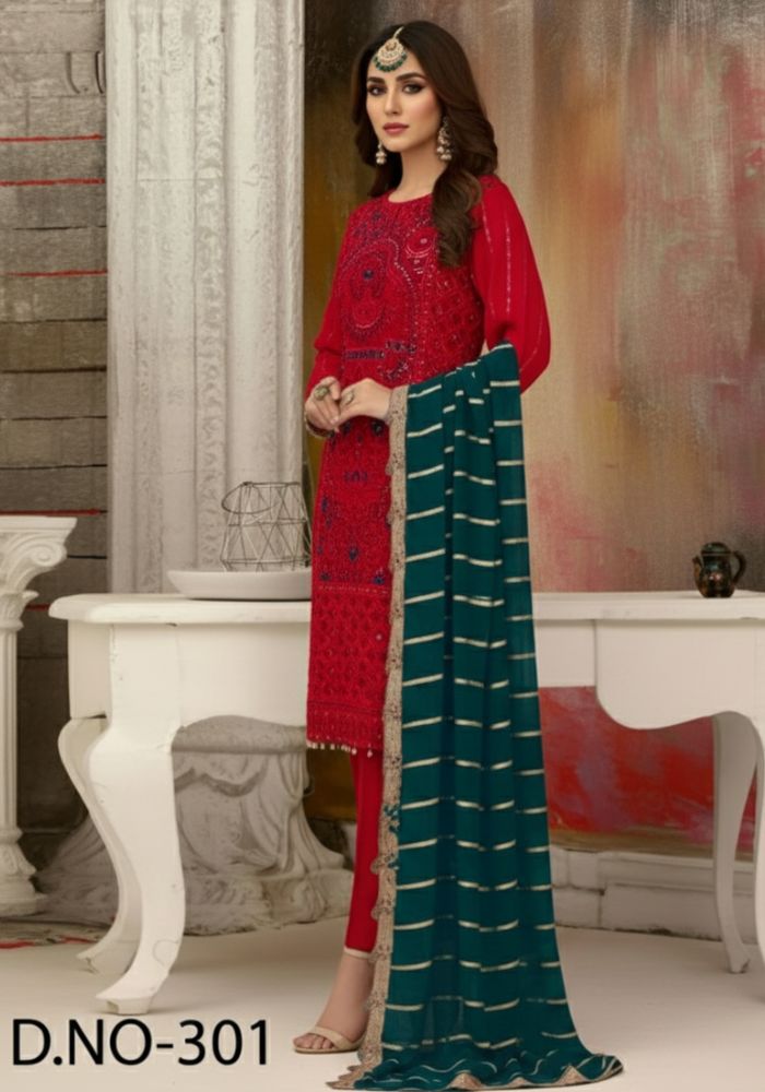Embroidered Organza Suits Unstitched Luxury Collection Three Piece DHF-D-301 - Image 2