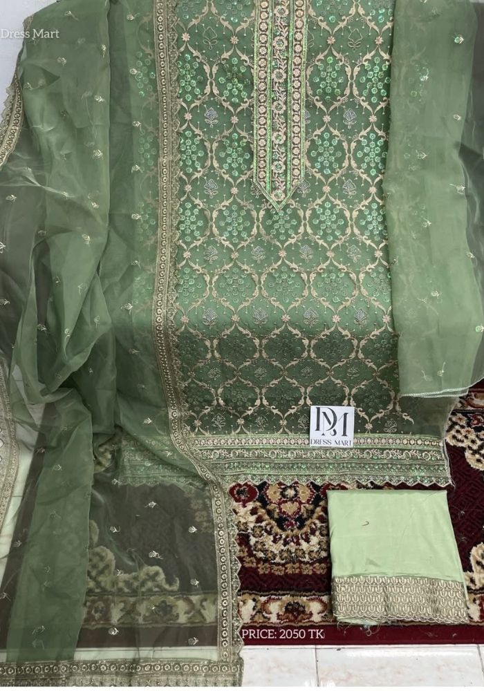 Exclusive Designer Embroidered Chinon Three Pieces Salwar Kameez DHF Green Color - Image 2