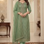 Exclusive Designer Embroidered Chinon Three Pieces Salwar Kameez DHF Green Color