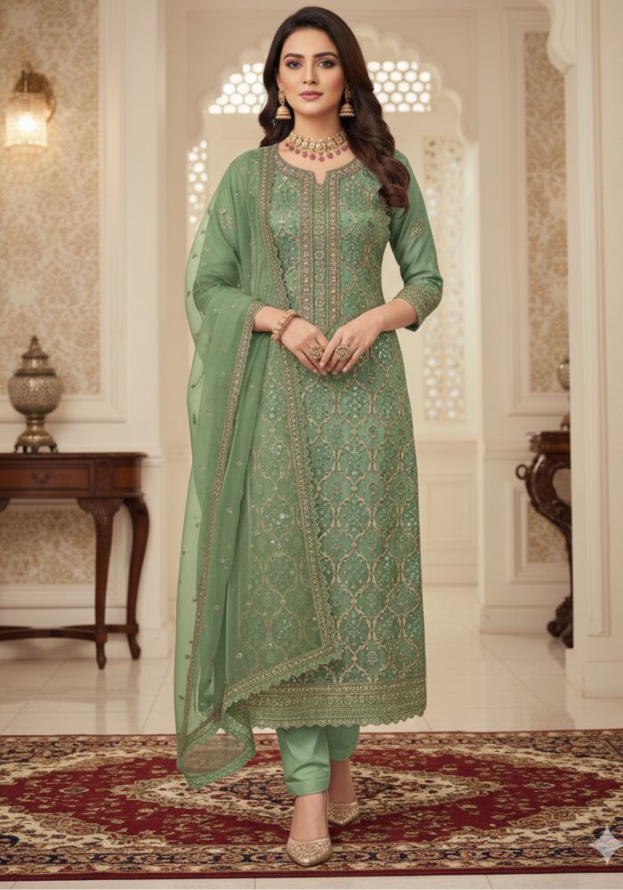 Exclusive Designer Embroidered Chinon Three Pieces Salwar Kameez DHF Green Color