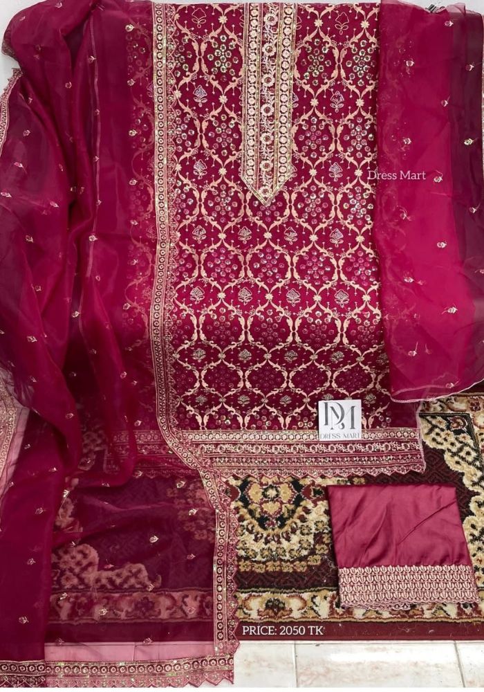 Exclusive Designer Embroidered Chinon Three Pieces Salwar Kameez DHF Maroon Color - Image 2