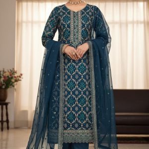 Exclusive Designer Embroidered Chinon Three Pieces Salwar Kameez DHF Ocean Blue