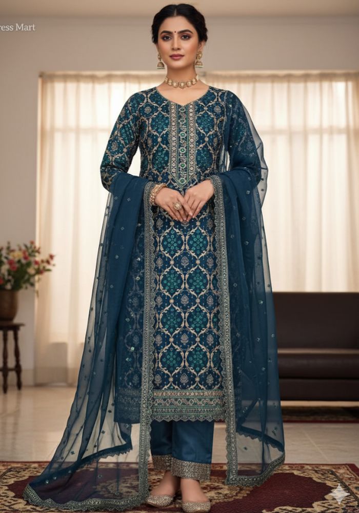 Exclusive Designer Embroidered Chinon Three Pieces Salwar Kameez DHF Ocean Blue
