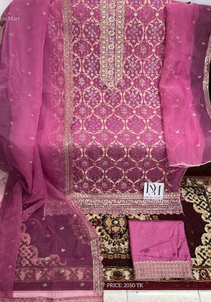 Exclusive Designer Embroidered Chinon Three Pieces Salwar Kameez DHF Pink Color - Image 3