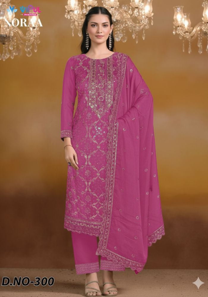 Exclusive Vipul Nora Designer Embroidered Chiffon Salwar Suit DHF Pink Color
