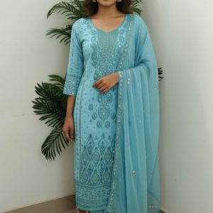 Full Body Embroidery Work Luxuary Shifon Party Dress Blue Color