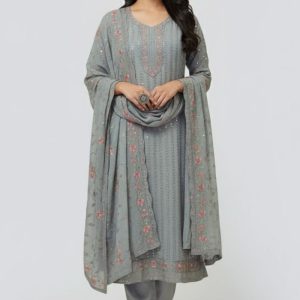 Heavy Embroidery Chinon Fabric Semi Stiched Ash Color Party Dress D 2165 R