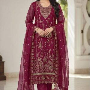 Luxury Embroidered Chiffon Salwar Suit with Organza Dupatta Maroon Color