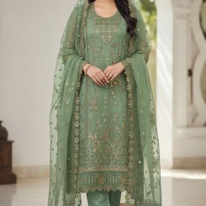 Luxury Embroidered Chiffon Salwar Suit with Organza Dupatta Green Color