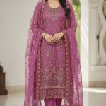 Luxury Embroidered Chiffon Salwar Suit with Organza Dupatta Magenta Color
