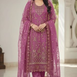 Luxury Embroidered Chiffon Salwar Suit with Organza Dupatta Magenta Color