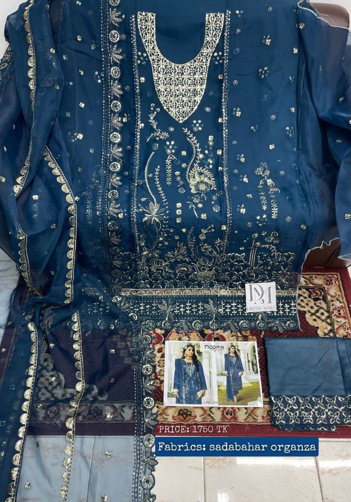 Luxury Embroidered Chiffon Salwar Suit with Organza Dupatta Ocean Blue DHF - Image 2