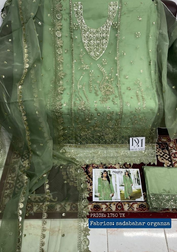 Luxury Embroidered Chiffon Salwar Suit with Organza Dupatta Green Color - Image 2