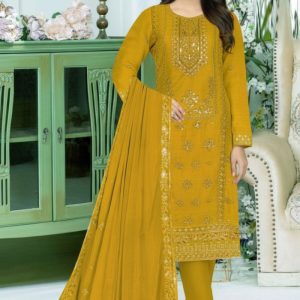Luxury Embroidered Design Chiffon Salwar Kameez DHF 262 Yellow Color