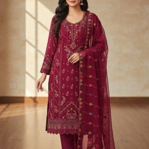 Luxury Embroidered Noors Design Chiffon Suit with Organza Dupatta Maroon